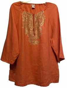Chicos Size 3 Peasant Blouse Linen Gold Lace Detail Orange - Picture 1 of 5