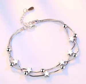925 Sterling Silver Double Layer Star Linked Charm Bracelet Women Jewellery Gift - Picture 1 of 2