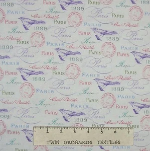 Paris in Bloom Fabric - Antique Bird Stamp Words Beige - Robert Kaufman YARD - Picture 1 of 1