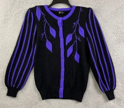 Винтажный свитер кардиган женщин маленький черный фиолетовый ретро кокетка рокабилли - Изображение 1 из 4