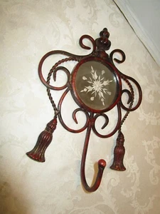 Vintage Wall Metal hat coat hook w/etched mirror tassels scroll accents 11.75" t - Picture 1 of 10