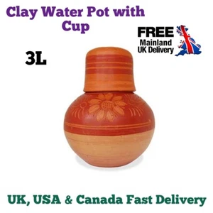 New Handmade 3L Storage CLAY WATER POT with Lid Water Cup for Home Kitchen Décor - Picture 1 of 10