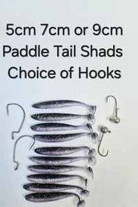 Black Sparkle 10 Shad Paddle Tail Soft Lures 5cm 7cm 9cm Hook Weedless Jig Head - Picture 1 of 16
