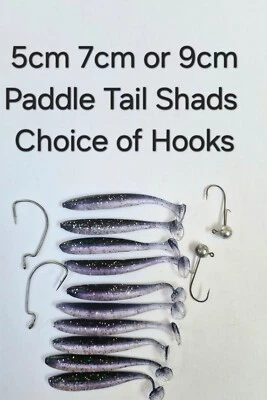Black Sparkle 10 Shad Paddle Tail Soft Lures 5cm 7cm 9cm  Hook Weedless Jig Head - Image 1 of 4