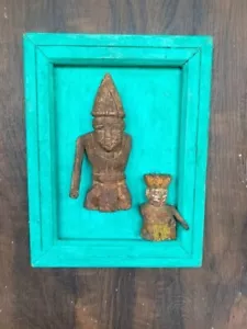 Antique Old Wooden Hand Carved 2 Tribal Man Figure Wall Hanging Green Wall Frame - Picture 1 of 8