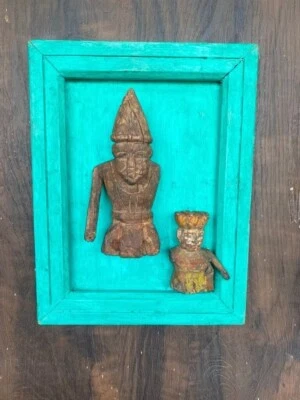 Antique Old Wooden Hand Carved 2 Tribal Man Figure Wall Hanging Green Wall Frame — 第 1/4 张图片