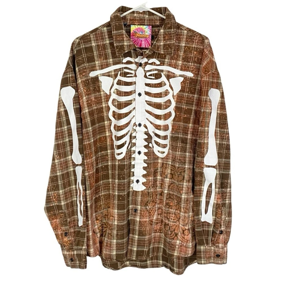 Camisa masculina de flanela esqueleto upcycled grande unissex respingo xadrez marrom branqueado - Imagem 1 de 4