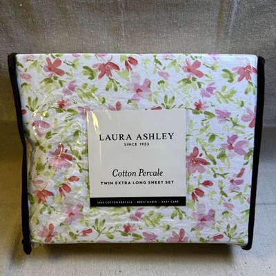 Laura Ashley Percale Twin XL 3 Pc Sheet Set Norela 100% Cotton Pink Green Floral - Image 1 of 4