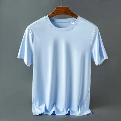 2024 Summer 100% Mercerized Cotton Men Silk T-shirts O-Neck Short Sleeve Loose S - Image 1 of 4
