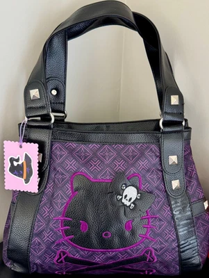 New Gothic Hello Kitty Purple & Black Skull Skeleton Handbag Purse 18” x 12” - Image 1 of 4