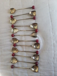 12 Piece English EPNS Vintage MCM Silverplate Cherry Red Lucite Muddler Spoon - Picture 1 of 5