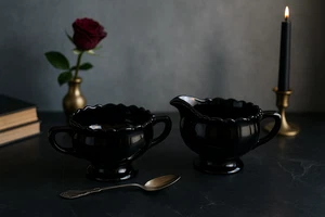 🖤 Antik L.E. Smith schwarzer Amethyst offenes Zuckerkännchen & Milchkännchen - Tortenbodenrand ✨ - Bild 1 von 9