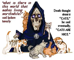 Kit/gráfico de punto de cruz contado Discworld Death & Kittens, 14 quilates, 18 quilates, 28 quilates, 32 quilates - Imagen 1 de 5