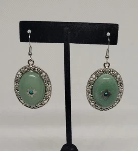 Green Aventurine Crystal Dangle Earrings In 316L SS (50 Ctw) - Picture 1 of 2