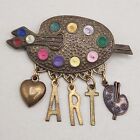 Vtg ART Artist Palette Brooch Dangle Charms Enamel Paint Love Goldtone Pin Heart