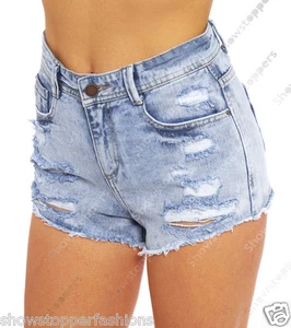 Size 6 8 10 12 14 NEW HIGH WAIST SHORTS Ladies DENIM RIP HIGH WAISTED HOTPANTS - Picture 1 of 3