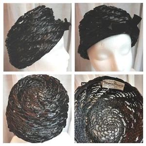 Vintage Norman Durand Black Straw Hat w Black Velvet Bow - Picture 1 of 7
