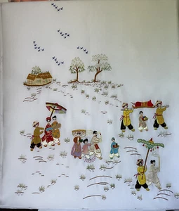 Asiatische Seide handbestickt Stoff Dorf Menschen ungerahmt fertig Nadelspitze - Bild 1 von 12