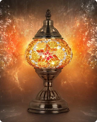 Lámpara turca marroquí con base de bronce, lámpara de noche de vidrio de mosaico Tiffany hecha a mano Foto 1 de 4