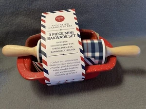 Core Kitchen Mini Bakeware 3 Piece Set Small Red Plaid Rolling Pin 2 Baking Pans - Picture 1 of 7