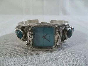 Native American West 17 Jewels Handmade Sterlng & Turquoise Cuff Bracelet Watch - Picture 1 of 7