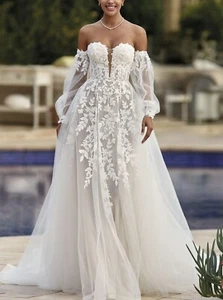 Floral Lace Bodice Wedding Dress Bridal Gown Custom made 2-28W Bishop Sleeves - Picture 1 of 7