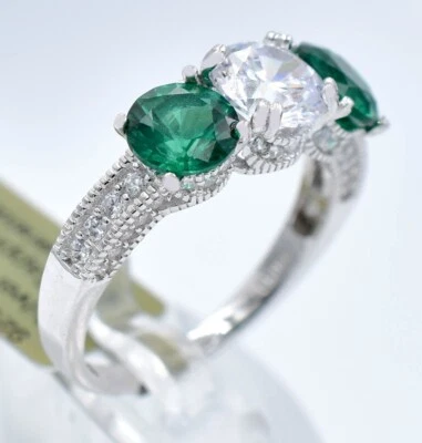 LAB CREATED 1.86 Cts EMERALD & WHITE SAPPHIRE RING .925 Sterling Silver -NWT - Image 1 of 4