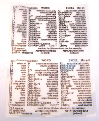 2 x Computer / Laptop Memory Stickers - Microsoft Word & Excel Shortcuts - Image 1 of 2