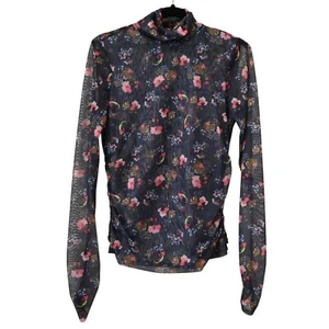Cinq a Sept Mini Bouquet Floral Print Mesh Top Medium Mock Neck Ruched Sides - Picture 1 of 8