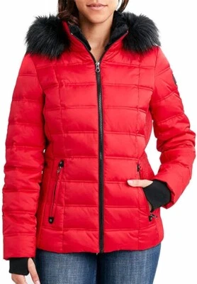 NEW Nautica Womens Faux Fur Trim Hooded Midweight Puffer Jacket Red sz Small - Image 1 of 4