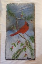 Hand Painted Slate Tile Signed Winter Cardinals 9"x18"
