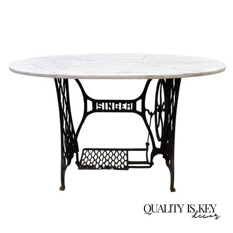 Cast Iron Singer Treadle Sewing Machine Base Console Table Oval Marble Top Cover