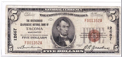 $5 1929 T1 National 🇺🇸 TACOMA Washington WA 🇺🇸 VERY Rare 🇺🇸 - Image 1 of 2