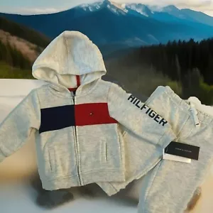 Tommy Hilfiger Infant Boy's Hoodie &Jogger Pants 2 Piece Set Red Navy Grey 6/9 M - Picture 1 of 6