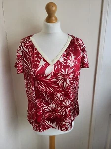 Jacques Vert Occasion Blouse Ladies Size 14 Red Ivory Floral Short Sleeve - Picture 1 of 14