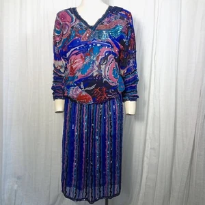 Vintage Judith Ann Beaded Sequins 2 PC Set Top Skirt SZ S Bright Floral Silk  - Picture 1 of 12