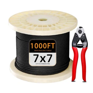 T316 1000 FT Black Stainless Steel Cable 1/8 Inch Deck Wire Rope 7x7 Strand, ... - Bild 1 von 6