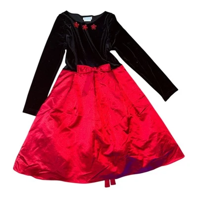 Rare Editions Girls Holiday Party Dress, Black Velvet Top with Red Satin Skirt, - Image 1 of 4