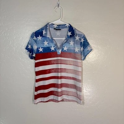 Yatta Golf Polo Shirt Womens Small Red White Blue American Flag Stars Stripes - Image 1 of 4