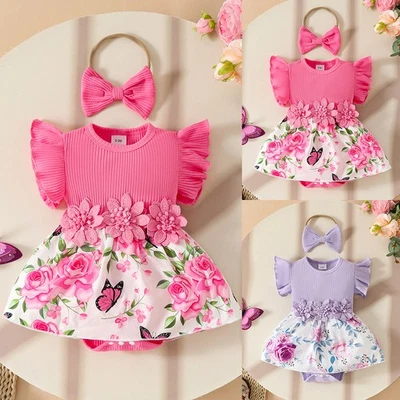 Infant Baby Girl Floral Ruffle Romper Dress Bodysuit Tops Outfit Set Clothes - Image 1 of 4