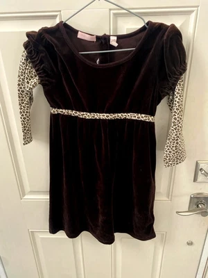 Девочек коричневый бархат леопард печать круглый вырез длинные рукава платье - Изображение 1 из 2