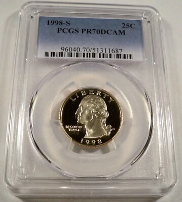1998-S 25c CLAD PCGS PR70DCAM WASHINGTON QUARTER PROOF DEEP CAMEO PR 70 DC - Image 1 of 4