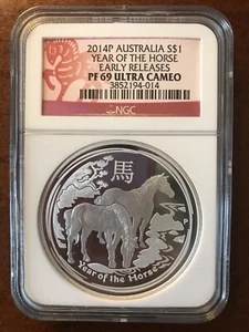 2014 AUSTRALIA LUNAR YEAR HORSE $1 1OZ SILVER NGC PF69 Proof Coin Early Release - Picture 1 of 4