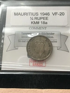 1946 Mauritius, 1/4 Rupee Coin Mart Graded **VF-20** KM # 18.a - Picture 1 of 8