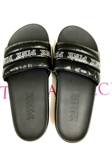 Sandalia de cuero sintético negra con logotipo rosa de Victoria's Secret - Imagen 1 de 3