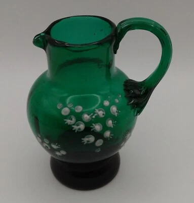 Antique Victorian Enameled Green Glass Creamer With Painted Enamel Flowers - Image 1 of 4
