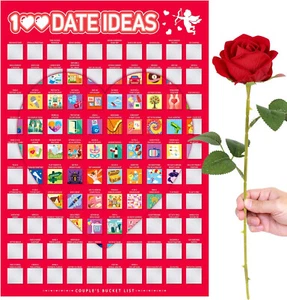 A2 Size 100 Dates Scratch Off Poster & Artificial Single Red Rose Valentines Day - Picture 1 of 6