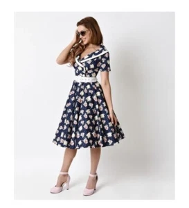 Hell Bunny Dress Size Medium Vixen Emma Roses 50s Swing Navy Blue Belted - Picture 1 of 15