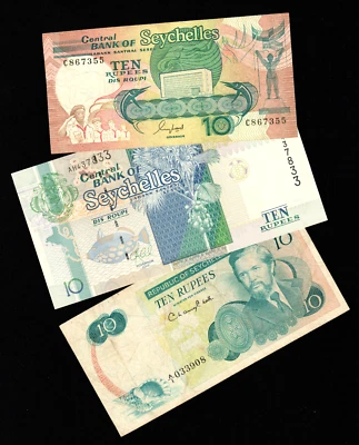 Seychelles 3 X 10  Rupees 1976 + 1989 + 2013  P- 19 + 32 + 46 - Image 1 of 4