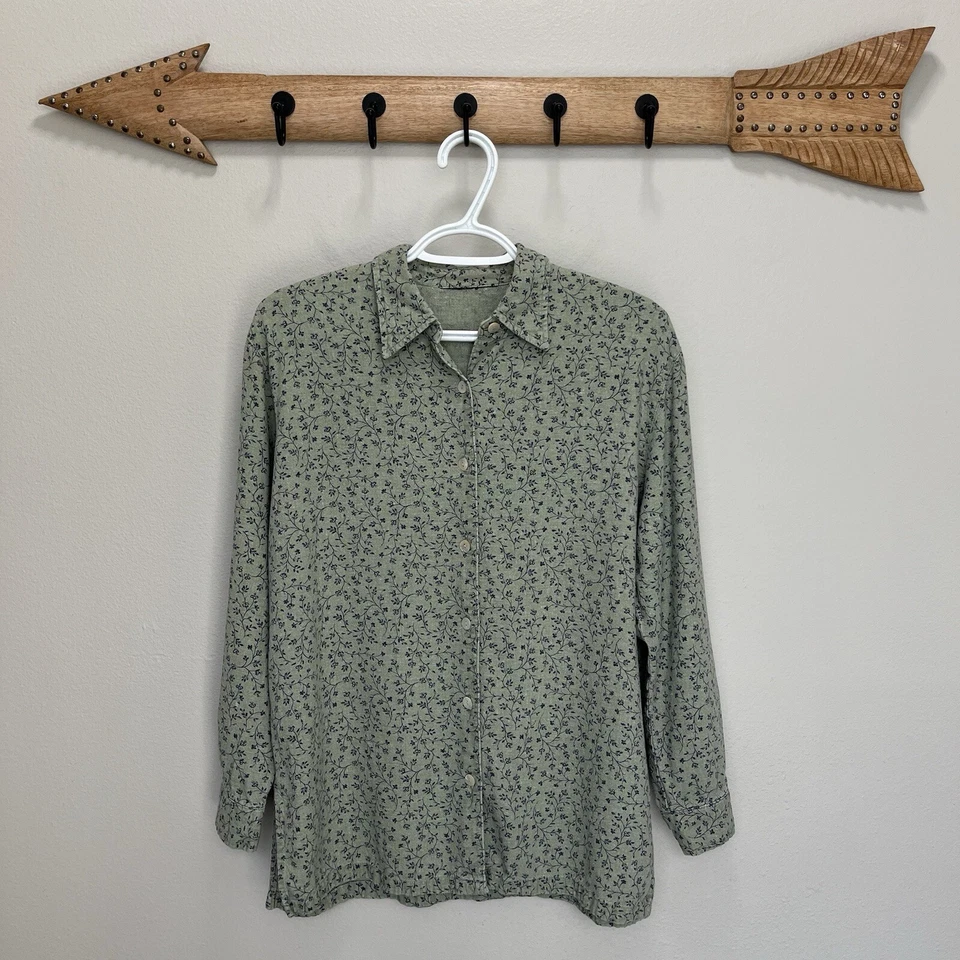 Requisitos | Top vintage con botones florales mezcla de lino verde salvia pradera grande Foto 1 de 4